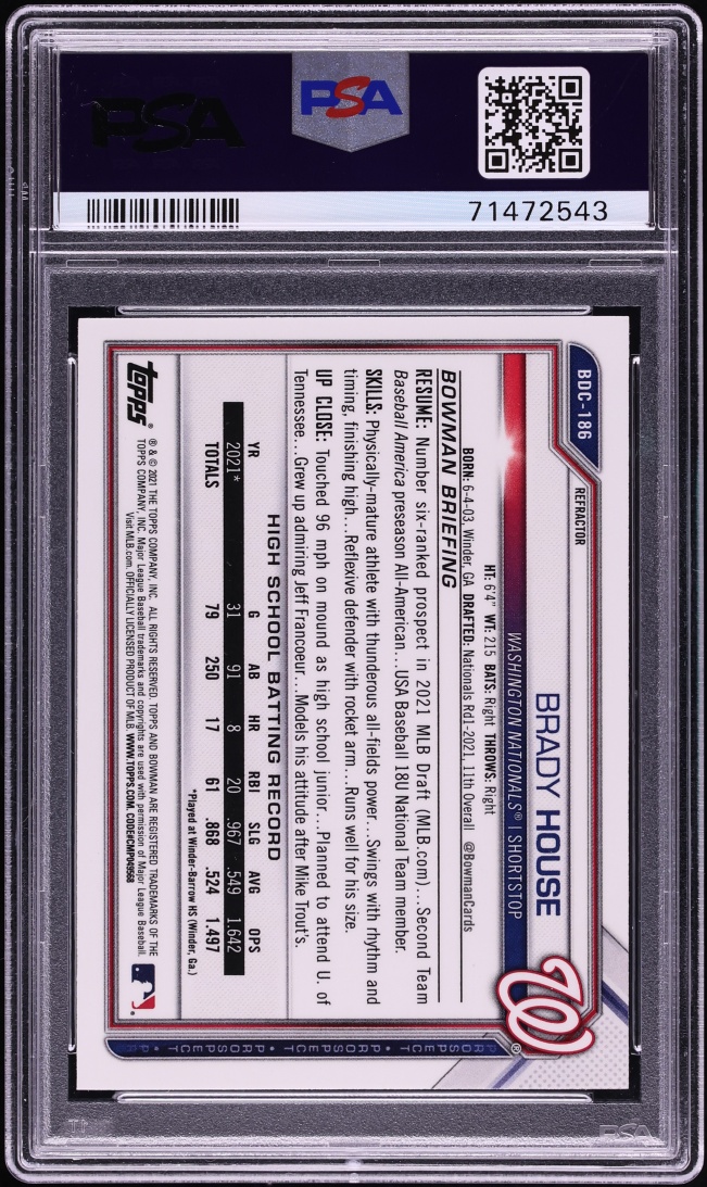 2021 Bowman Chrome Draft Refractor Brady House PROSPECT #BDC-186 PSA 10 GEM MINT