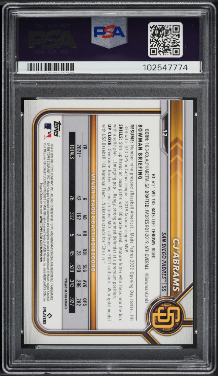 2022 Bowman Chrome Sapphire Orange Refractor CJ Abrams ROOKIE /75 #12 PSA 10 GEM MINT