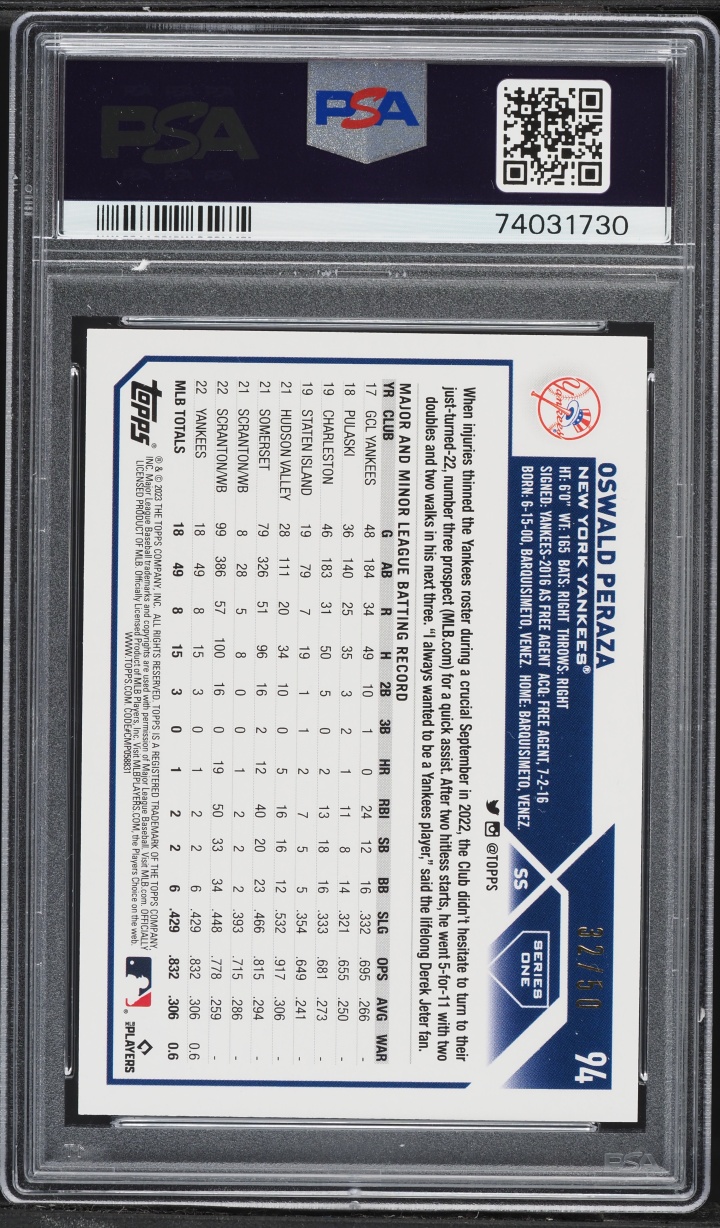 2023 Topps 1st Edition Red Foil Oswald Peraza ROOKIE /50 #94 PSA 10 GEM MINT
