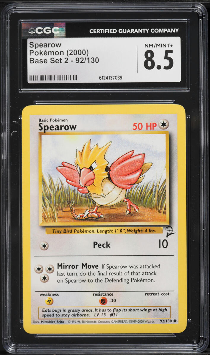 2000 Pokemon Base Set 2 Spearow #92 CGC 8.5 NM-MT+