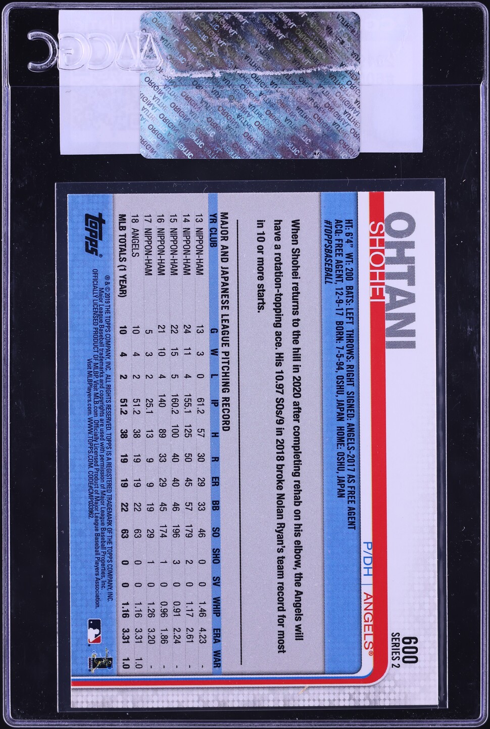 2019 Topps Shohei Ohtani #600 CGC AUTH