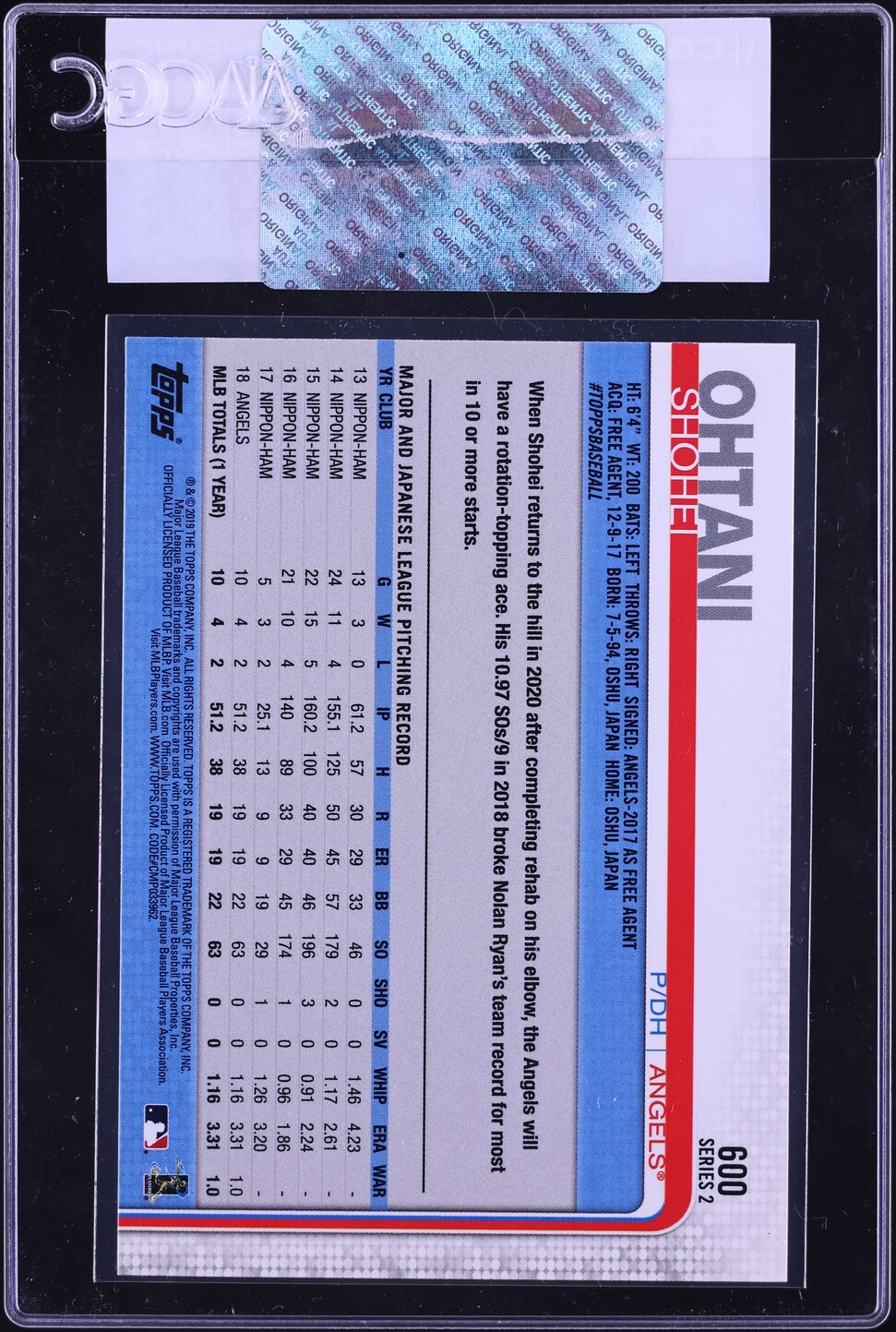 2019 Topps Shohei Ohtani #600 CGC AUTH