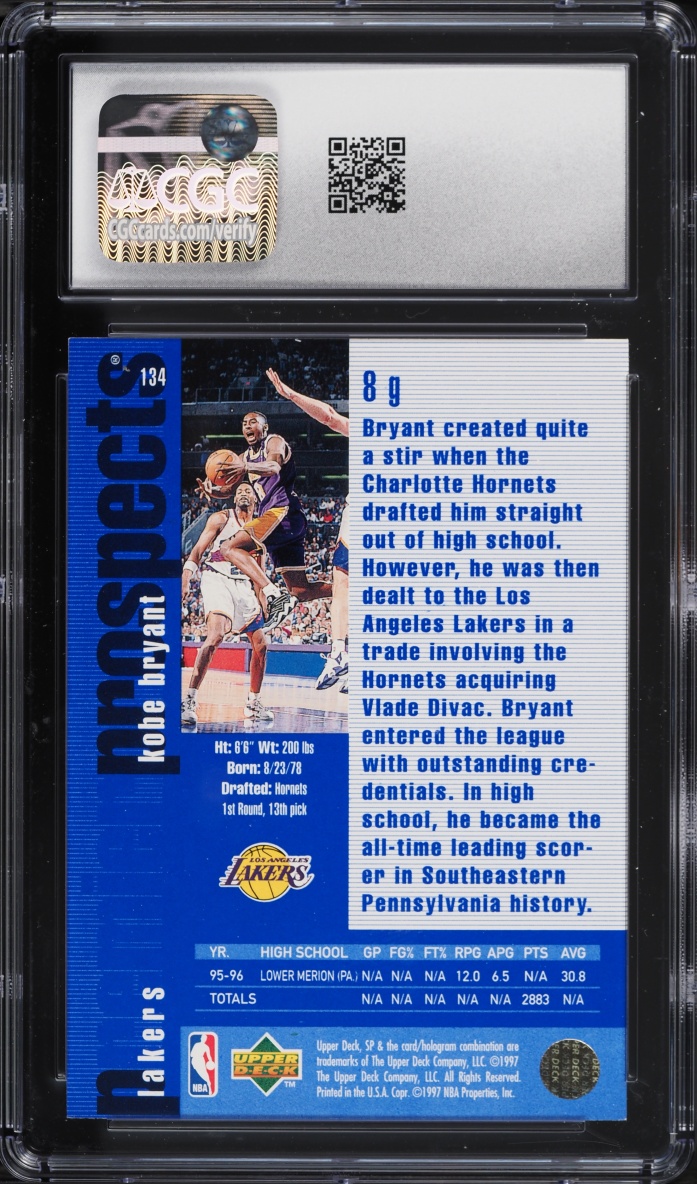 1996 SP Basketball Kobe Bryant ROOKIE #134 CGC 10 GEM MINT