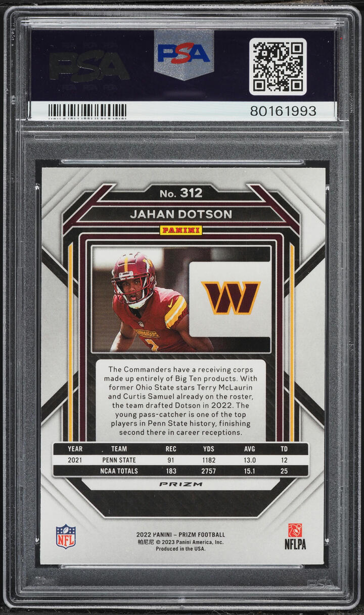 2022 Panini Prizm Silver Jahan Dotson ROOKIE #312 PSA 8 NM-MT