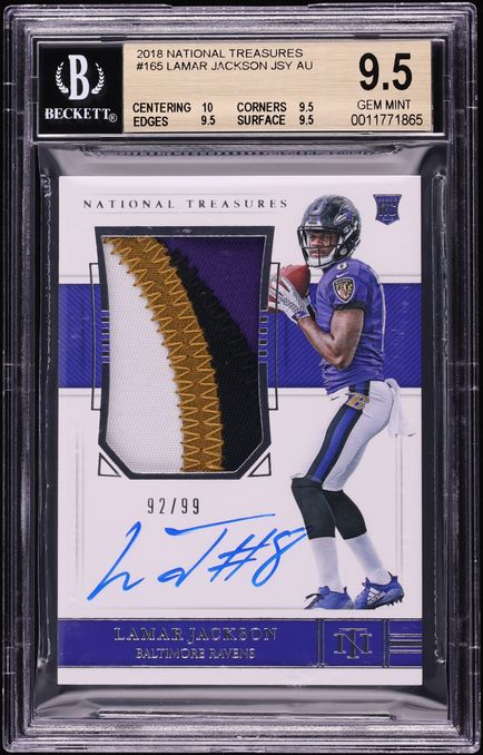 2018 National Treasures Lamar Jackson ROOKIE PATCH AUTO /99 #165 BGS 9.5 GEM MINT