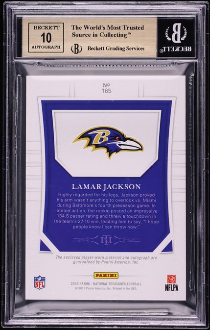 2018 National Treasures Lamar Jackson ROOKIE PATCH AUTO /99 #165 BGS 9.5 GEM MINT