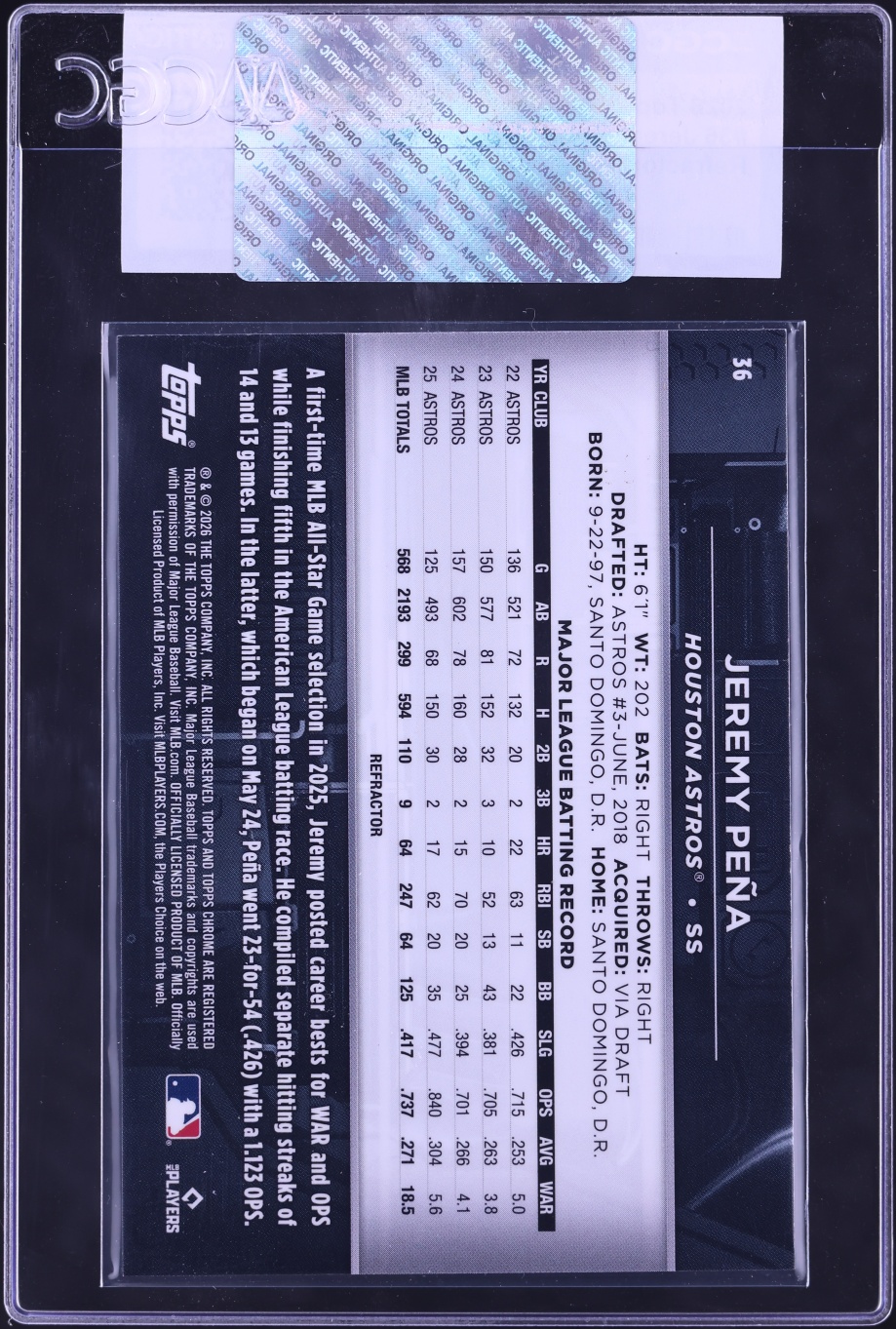 2026 Topps Chrome Black Refractor Jeremy Pena #36 CGC AUTH
