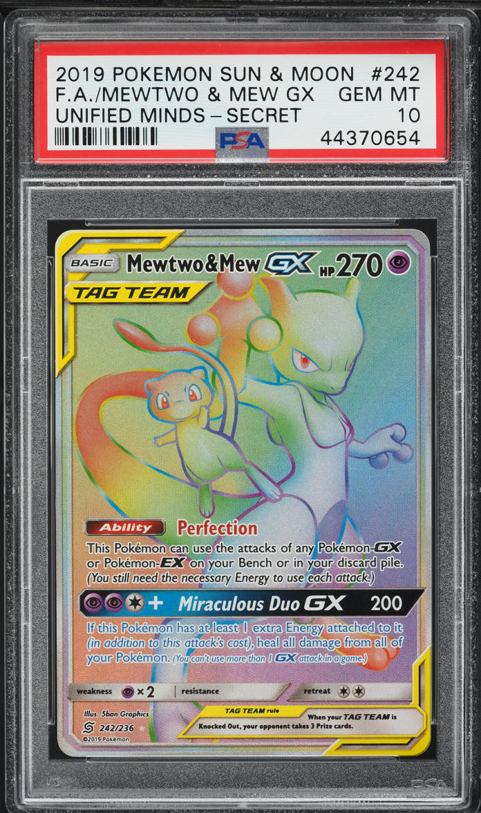 2019 Pokemon SM Unified Minds Hyper Rare Mewtwo & Mew GX #242 PSA 10 GEM MINT