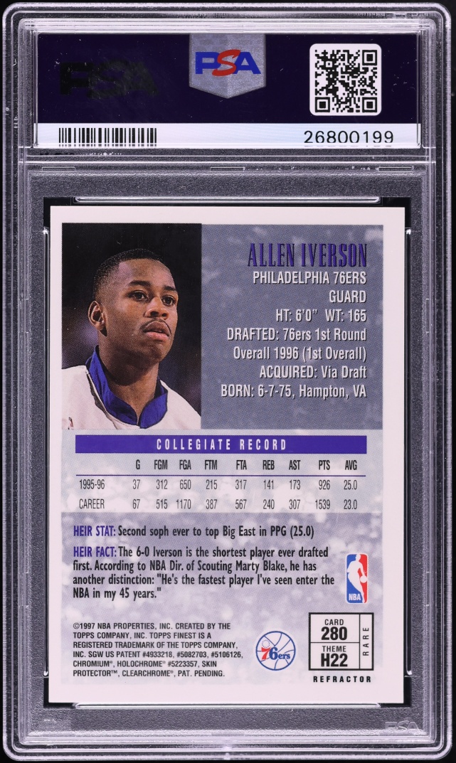 1996 Finest Gold Refractor Allen Iverson ROOKIE #280 PSA 9 MINT - Photo 2