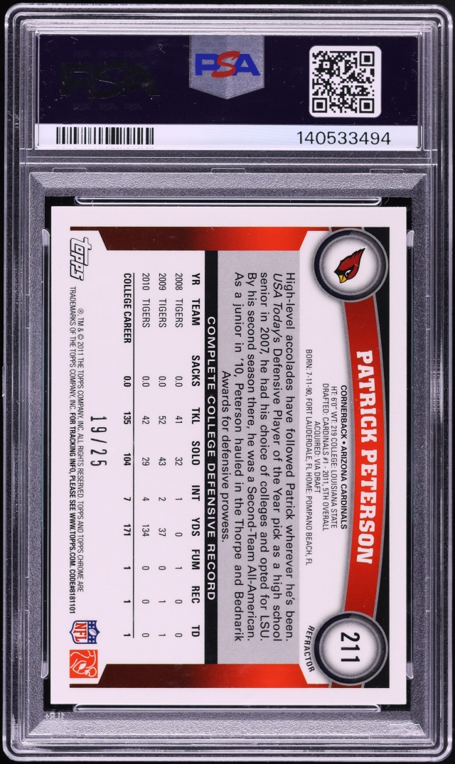 2011 Topps Chrome Red Refractor Patrick Peterson ROOKIE /25 #211 PSA 8 NM-MT - Photo 2