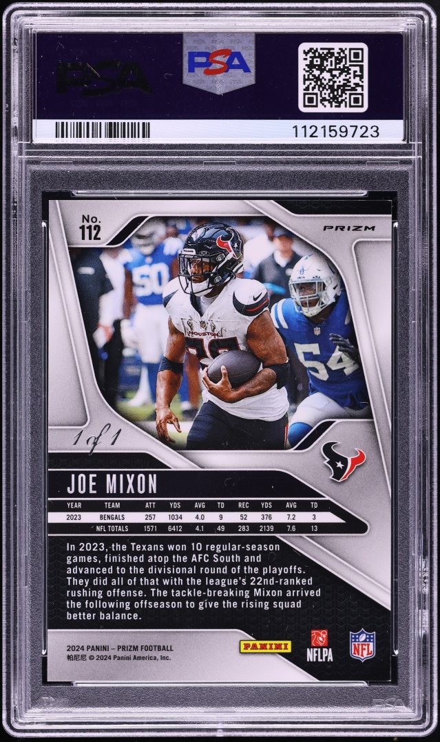 2024 Panini Prizm Black Finite Joe Mixon 1/1 #112 PSA 9 MINT - Photo 2