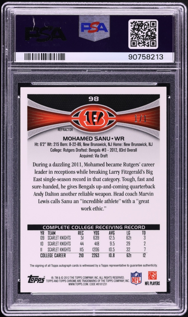 2012 Topps Chrome w/ Helmet Superfractor Mohamed Sanu ROOKIE AUTO 1/1 #98 PSA 9 MINT - Photo 2