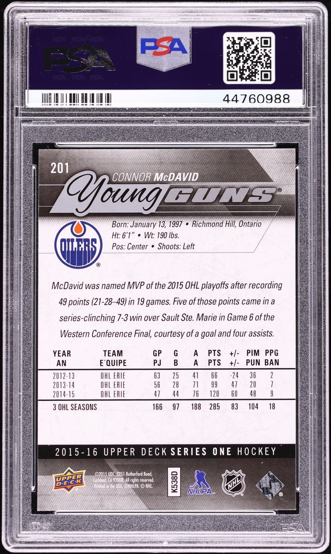 2015 Upper Deck Young Guns Connor McDavid ROOKIE RC #201 PSA 10 GEM MINT