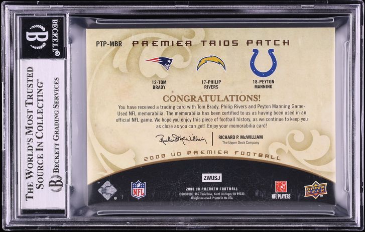 2008 UD Premier Trios Tom Brady Philip Rivers Peyton Manning NFL SHIELD PATCH 1/1 #MBR BGS 8.5