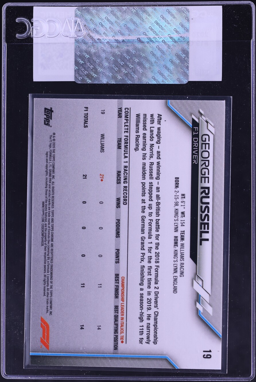 2020 Topps Chrome Formula 1 F1 George Russell ROOKIE #19 CGC AUTH
