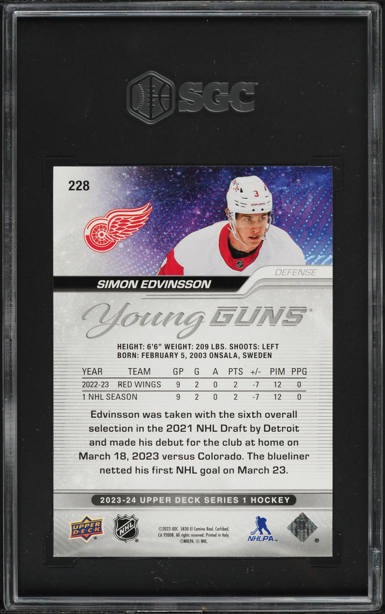 2023 Upper Deck Young Guns Simon Edvinsson ROOKIE #228 SGC 10 GEM MINT