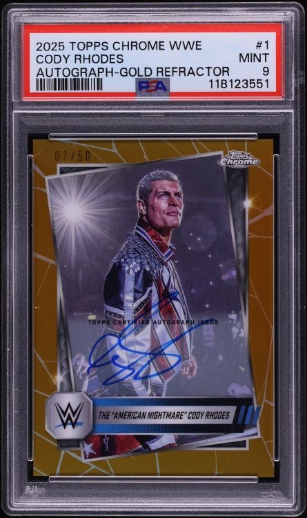 2025 Topps Chrome WWE Gold Refractor Cody Rhodes AUTO /50 #1 PSA 9 MINT