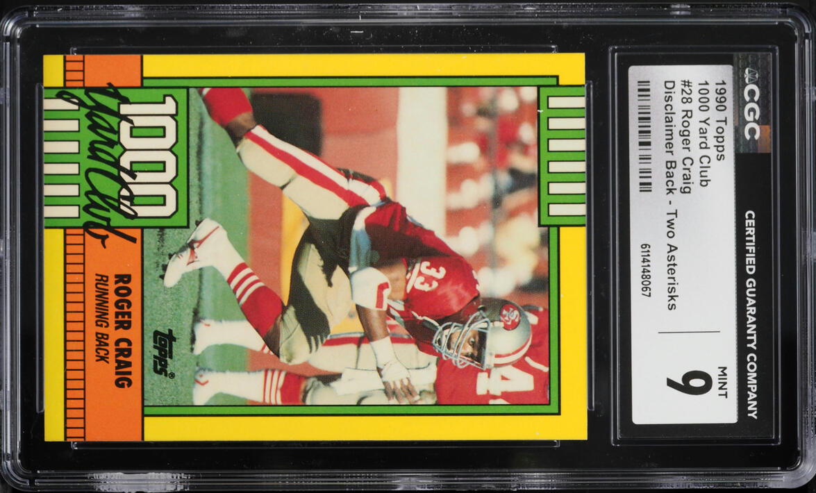 1990 Topps 1000 Yard Club Disclaimer Back Two Asterisks Roger Craig #28 CGC 9 MINT