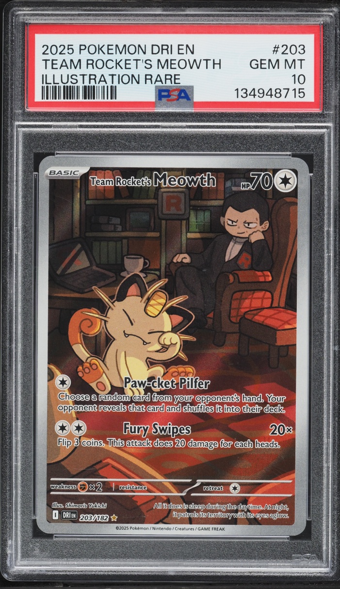 2025 Pokemon Scarlet & Violet Destined Rivals IR Team Rocket's Meowth #203 PSA 10 GEM MINT