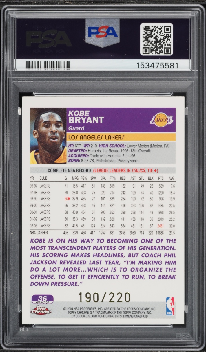 2003 Topps Chrome Xfractor Kobe Bryant /220 #36 PSA 9 MINT