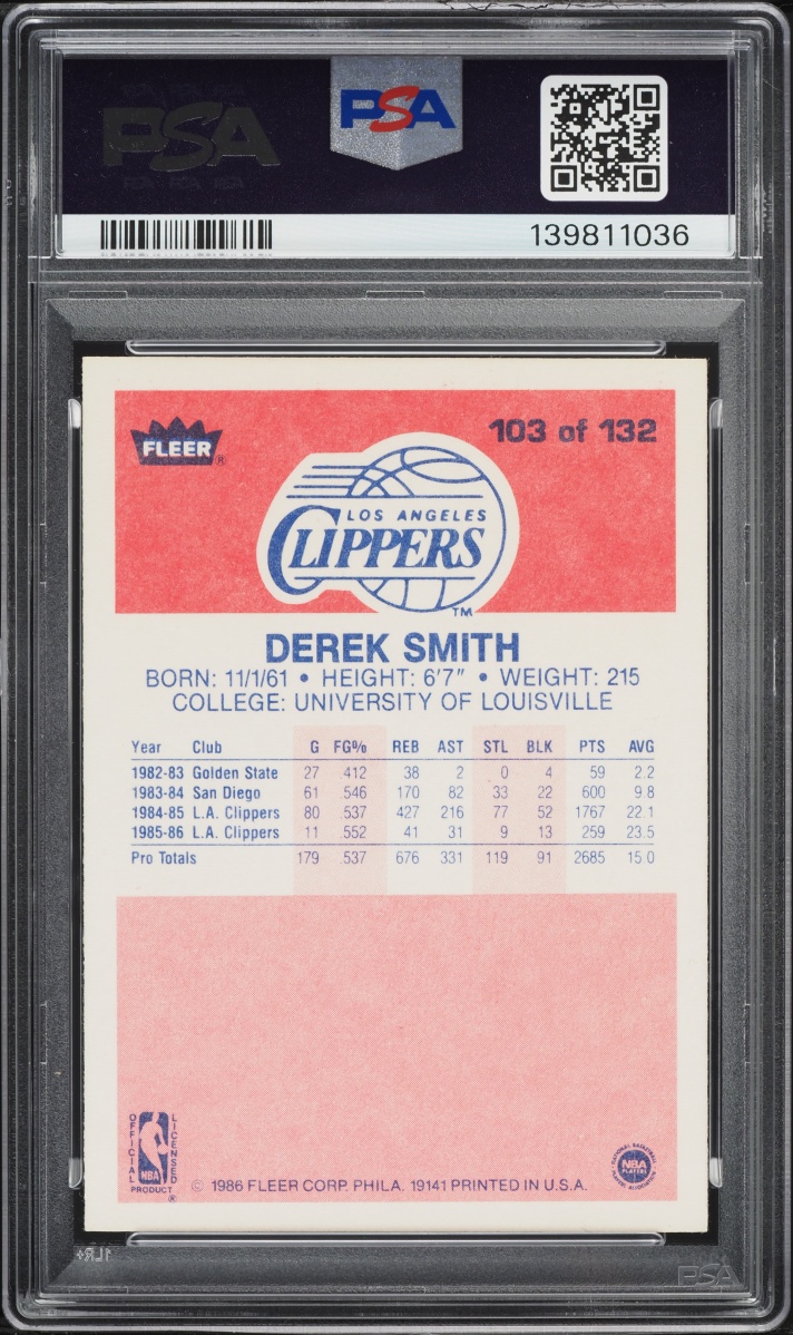 1986 Fleer Basketball Derek Smith #103 PSA 7 NRMT