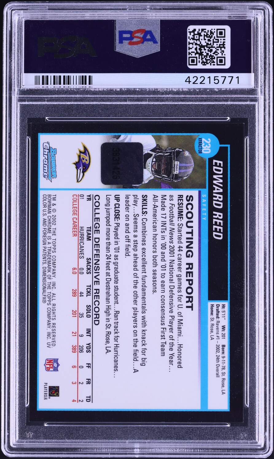 2002 Bowman Chrome Xfractor Ed Reed ROOKIE AUTO #230 PSA 9 MINT