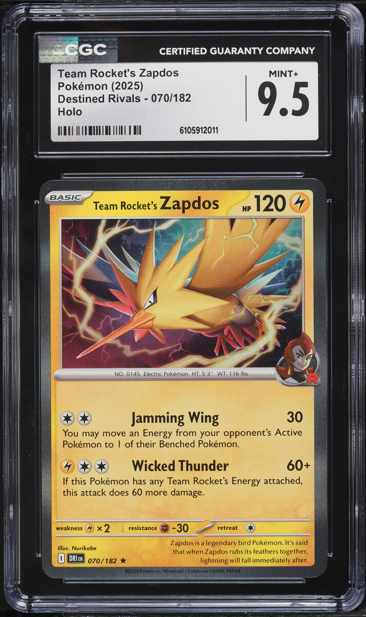 2025 Pokemon Scarlet & Violet Destined Rivals Holo Team Rocket's Zapdos #70 CGC 9.5 MINT+