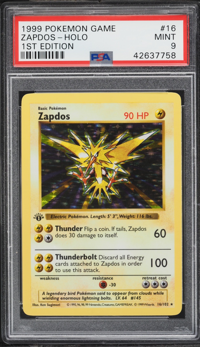 1999 Pokemon Base Set Shadowless 1st Edition Holo Zapdos #16 PSA 9 MINT