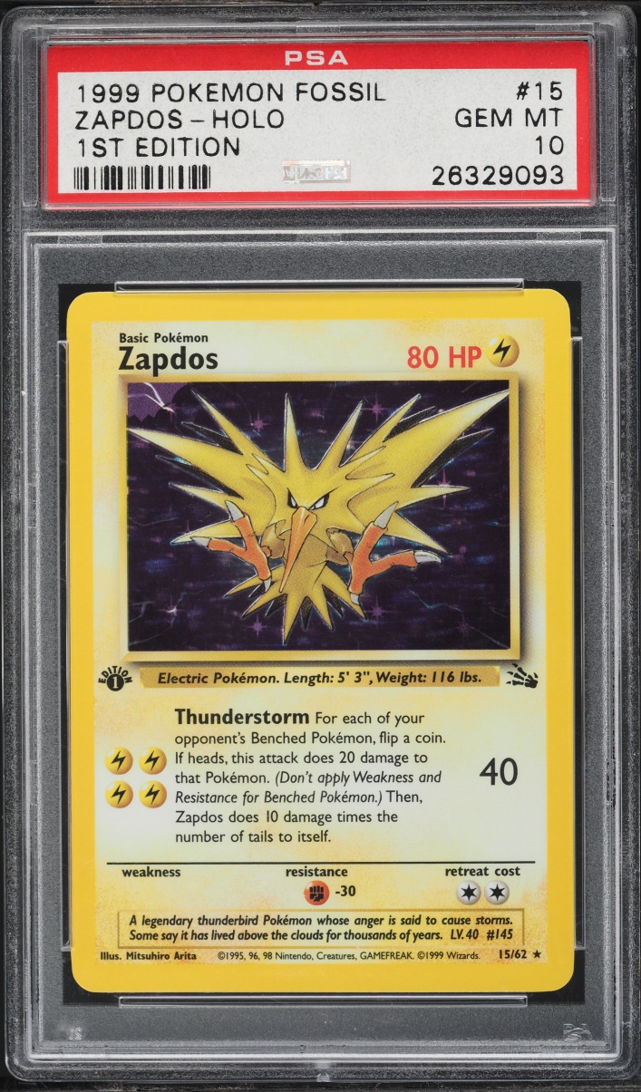 1999 Pokemon Fossil 1st Edition Holo Zapdos #15 PSA 10 GEM MINT