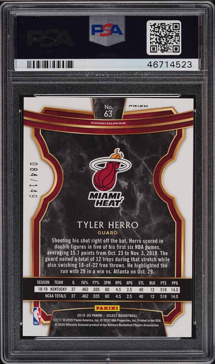 2019 Select Concourse White Prizm Tyler Herro ROOKIE /149 #63 PSA 10 GEM MINT