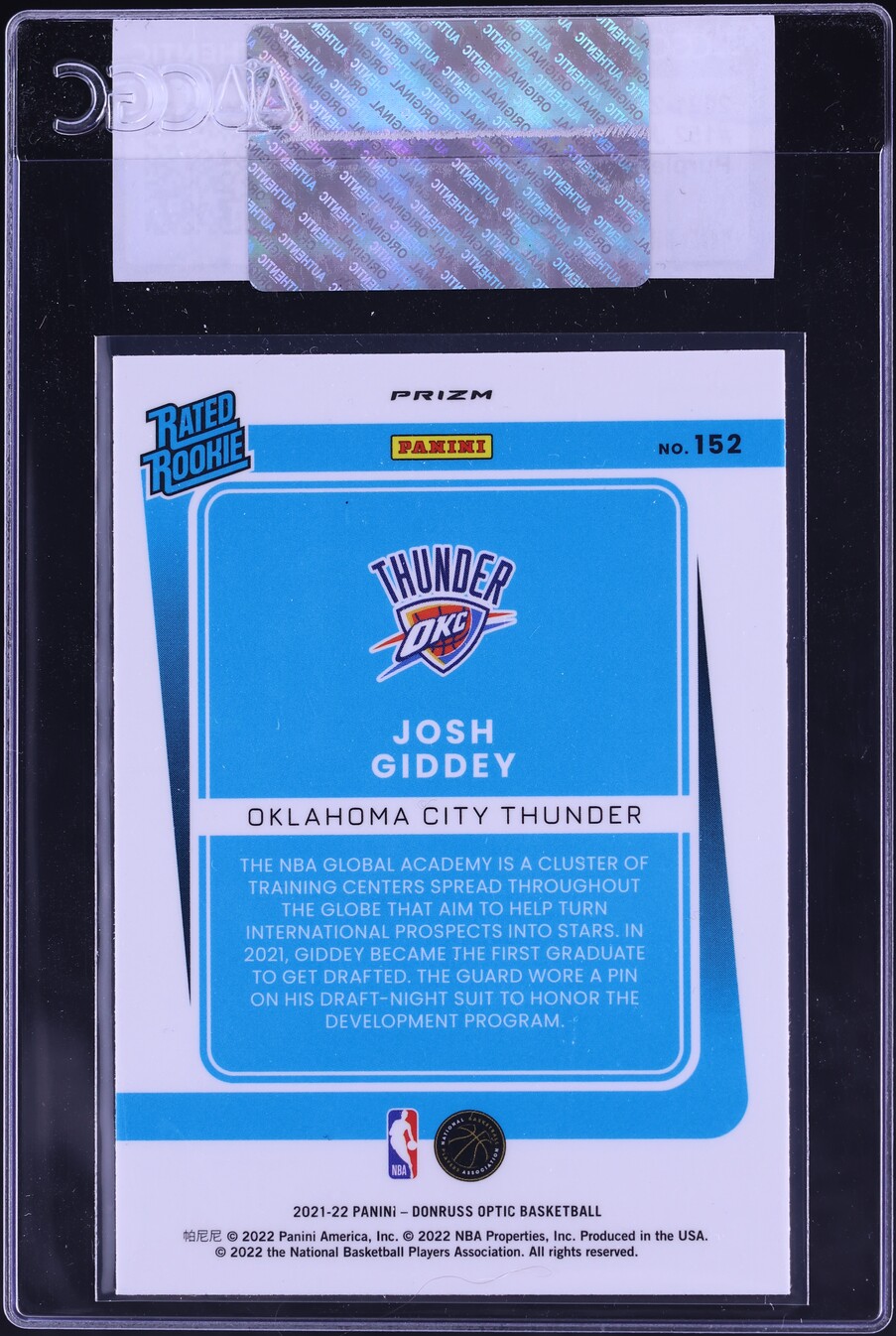 2021 Donruss Optic Purple Josh Giddey ROOKIE #152 CGC AUTH
