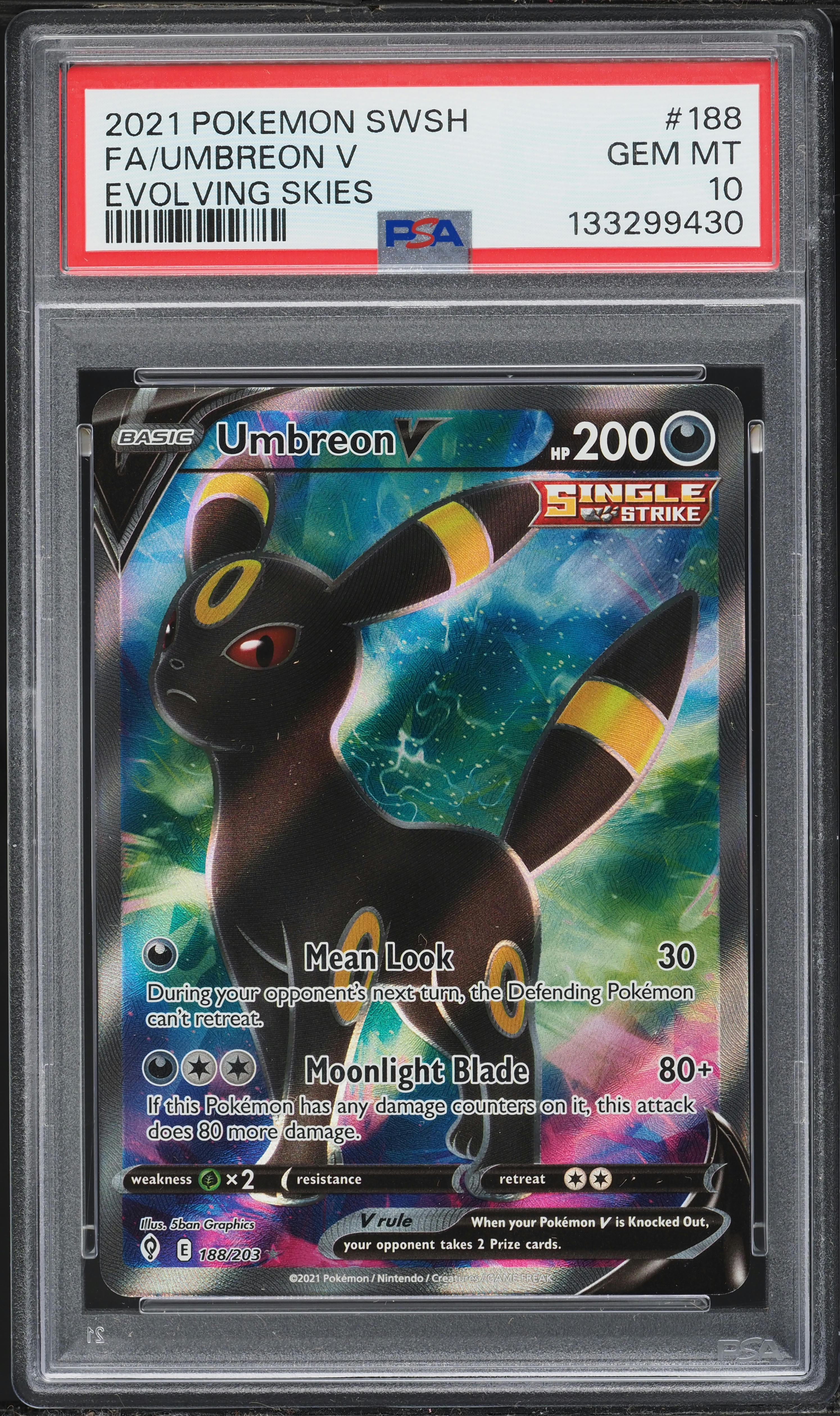 2021 Pokemon Sword & Shield Evolving Skies Full Art Umbreon V #188 PSA 10 GEM MINT