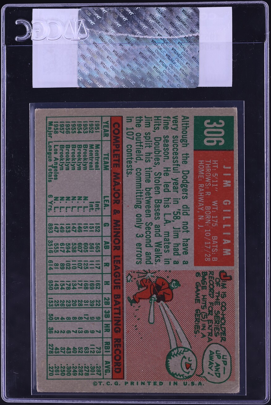 1959 Topps Jim Gilliam #306 CGC AUTH