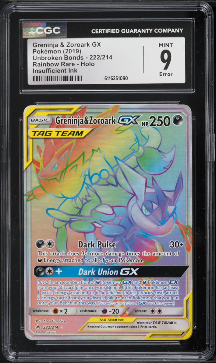 2019 Pokemon Sun & Moon Unbroken Bonds Rainbow Rare Greninja & Zoroark GX #222 CGC 9 MINT