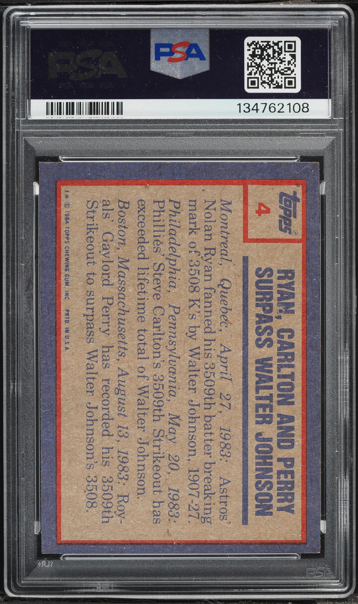 1984 Topps Nolan Ryan Steve Carlton Gaylord Perry '83 HIGHLIGHTS #4 PSA 8 NM-MT