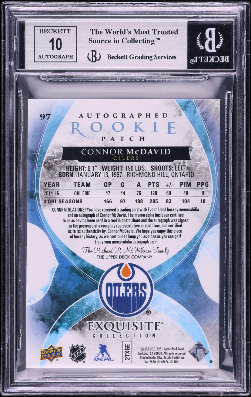 2015 UD Exquisite Collection Connor McDavid ROOKIE PATCH AUTO /97 #97 BGS 9 MINT