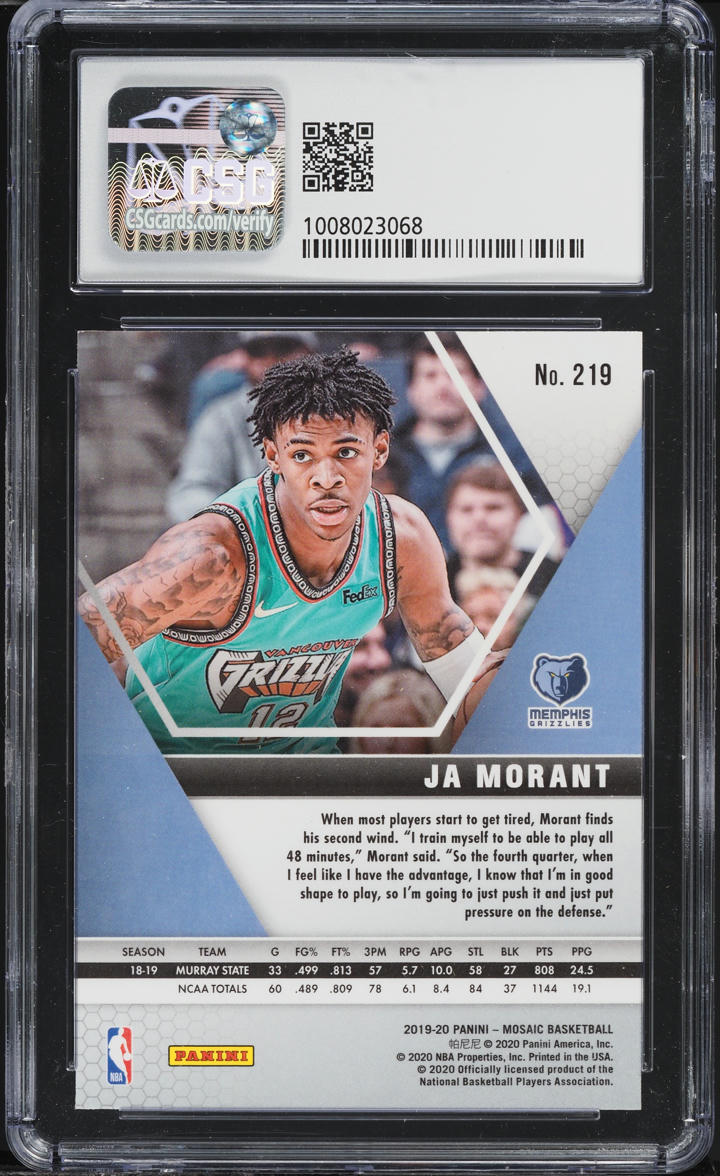 2019 Panini Mosaic Ja Morant ROOKIE #219 CSG 10 GEM MINT