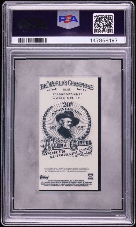2025 Topps Allen & Ginter X Mini Silver Frame Black Gold Ink Ozzie Smith AUTO DNA 10 /5 PSA 10