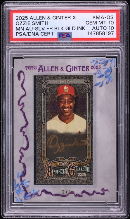 2025 Topps Allen & Ginter X Mini Silver Frame Black Gold Ink Ozzie Smith AUTO DNA 10 /5 PSA 10