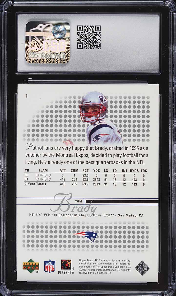 2002 SP Authentic Tom Brady #1 CSG 9.5 MINT+