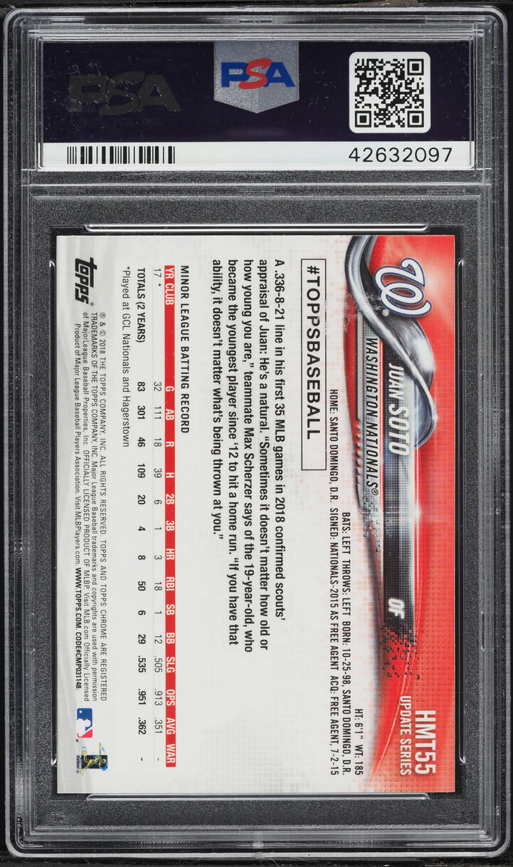 2018 Topps Chrome Update Juan Soto ROOKIE #HMT55 PSA 10 GEM MINT