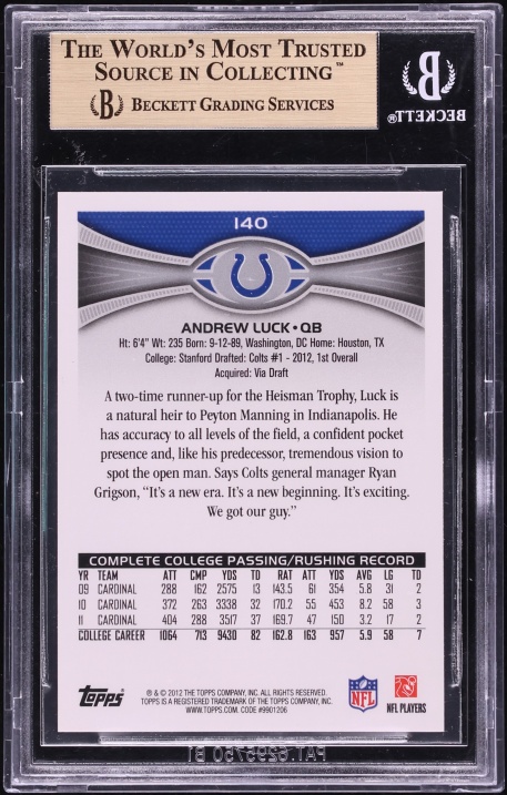 2012 Topps Football Andrew Luck ROOKIE #140 BGS 9.5 GEM MINT