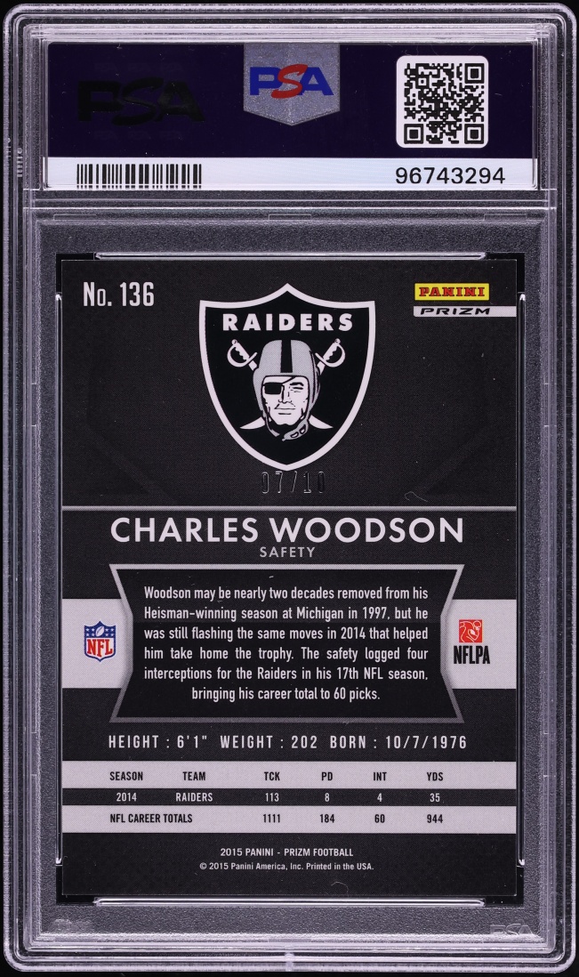 2015 Panini Prizm Gold Charles Woodson /10 #136 PSA 10 GEM MINT - Photo 2