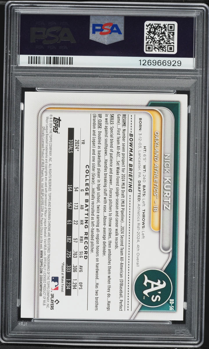 2024 Bowman Draft Nick Kurtz PROSPECT #BD-56 PSA 8 NM-MT