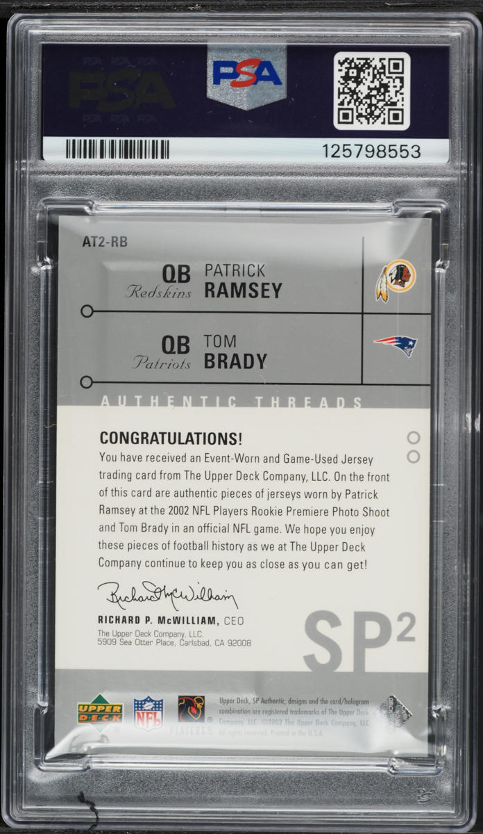 2002 SP Authentic Threads Double Patrick Ramsey Tom Brady ROOKIE PATCH #AT2RB PSA 9 MINT
