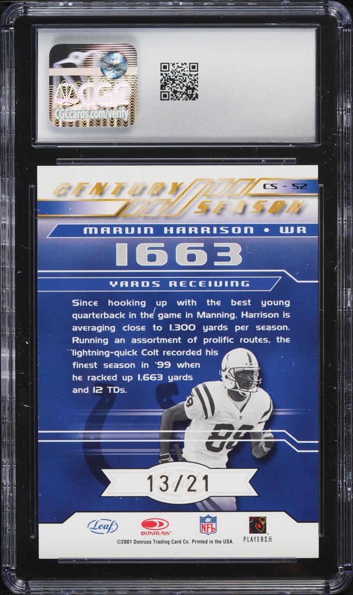 2001 Quantum Leaf Century Season Signatures Marvin Harrison AUTO /21 #CS-52 CGC 8.5 NM-MT+ - Photo 2