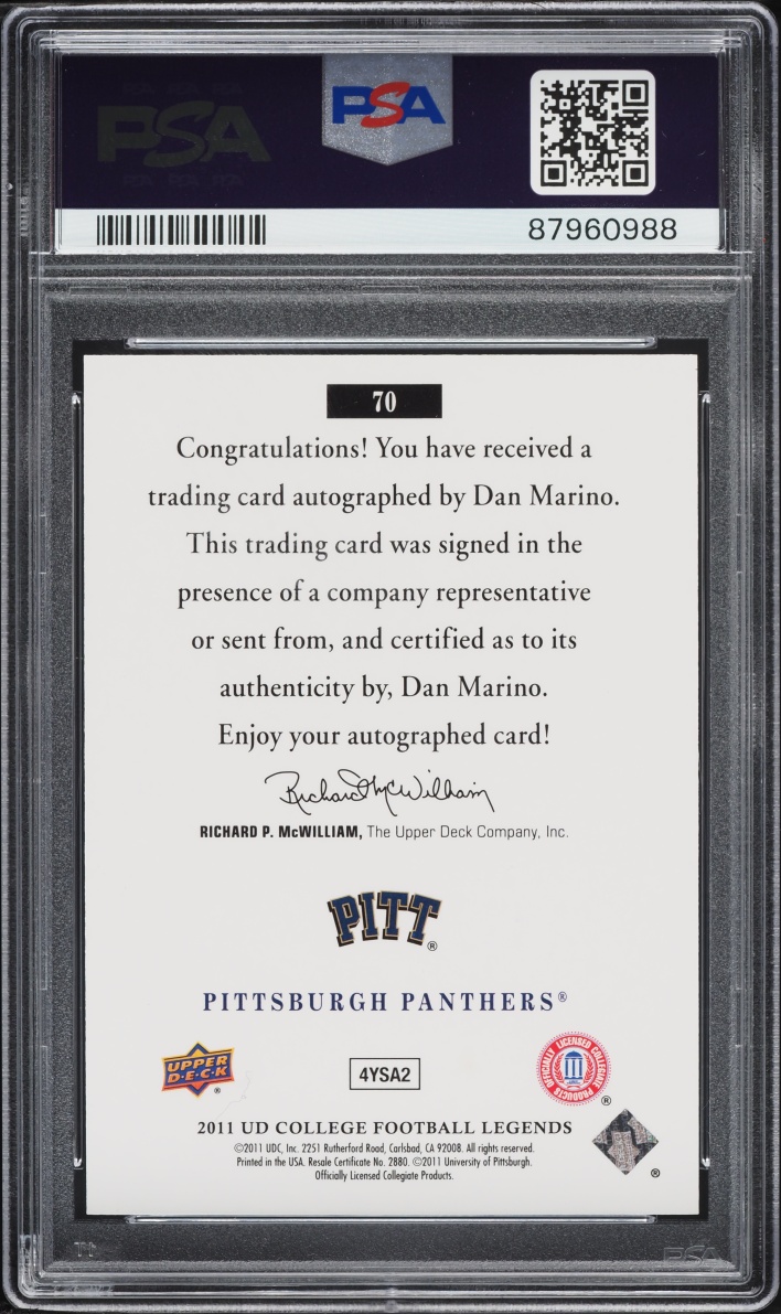2011 Upper Deck College Legends Dan Marino AUTO #70 PSA 8 NM-MT - Photo 2
