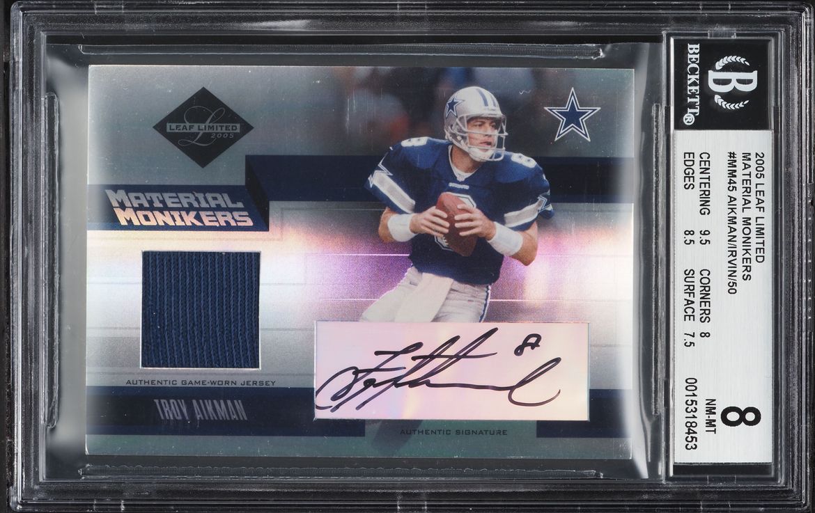 2005 Leaf Limited Material Monikers Troy Aikman Michael Irvin GAME WORN PATCH AUTO 1/50  BGS 8 - Photo 1