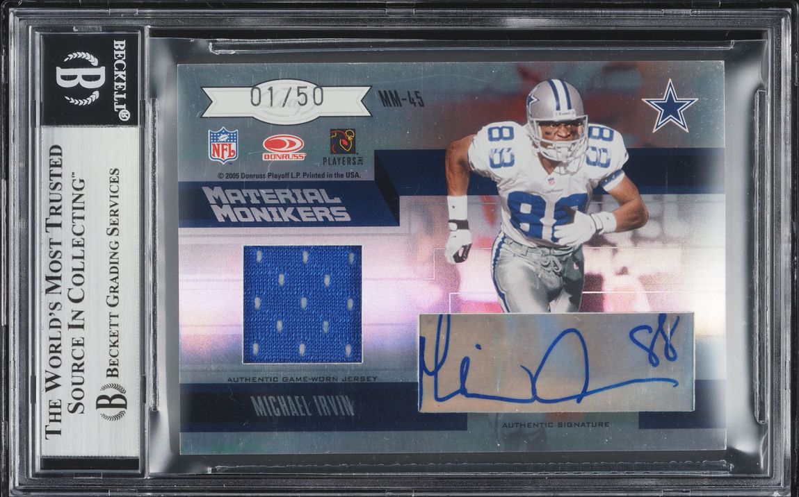2005 Leaf Limited Material Monikers Troy Aikman Michael Irvin GAME WORN PATCH AUTO 1/50  BGS 8 - Photo 2