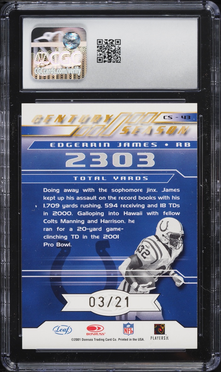 2001 Quantum Leaf Century Season Signatures Edgerrin James AUTO /21 #CS-43 CGC 8.5 NM-MT+ - Photo 2